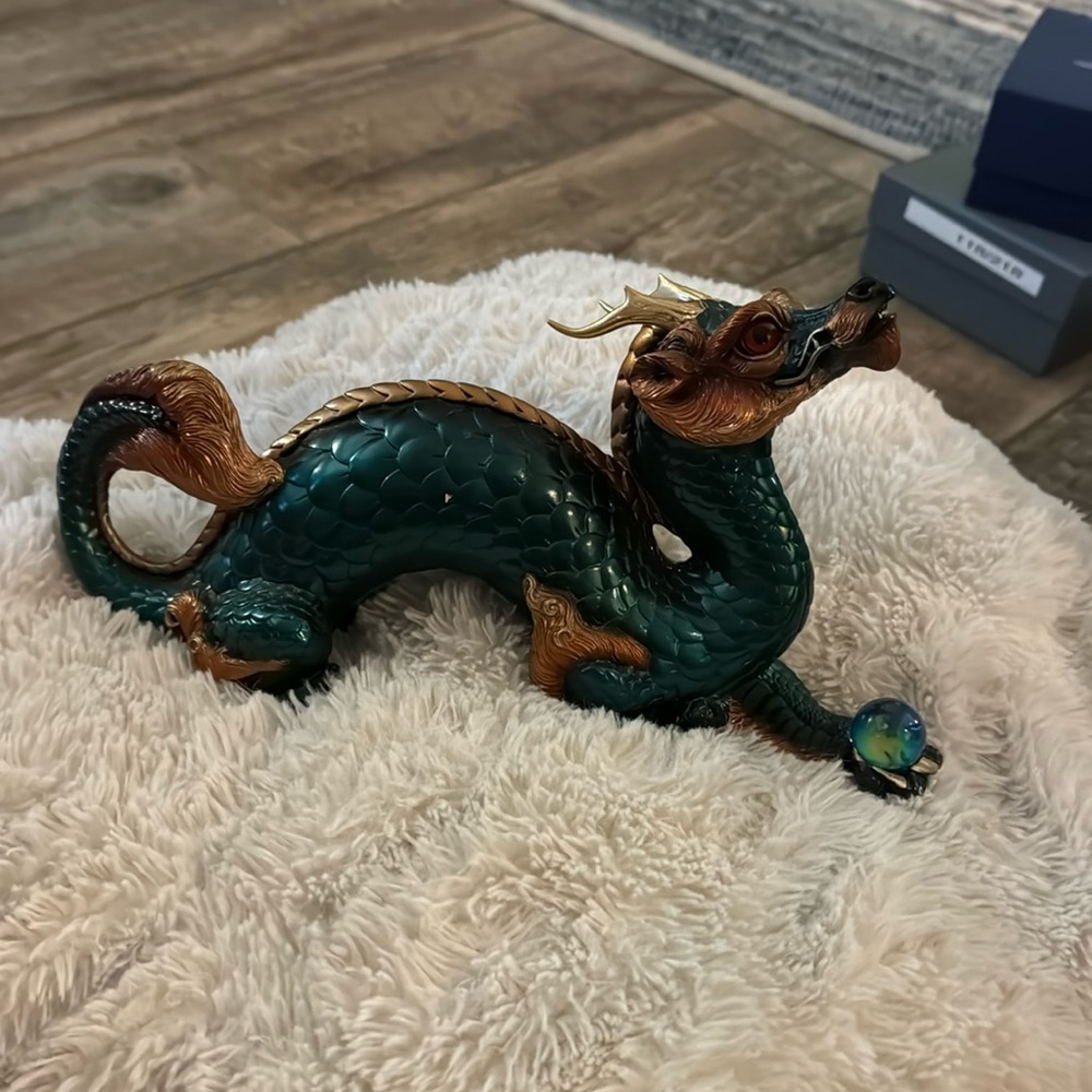Windstone oriental dragon figurine.  Green with crystal ball.
